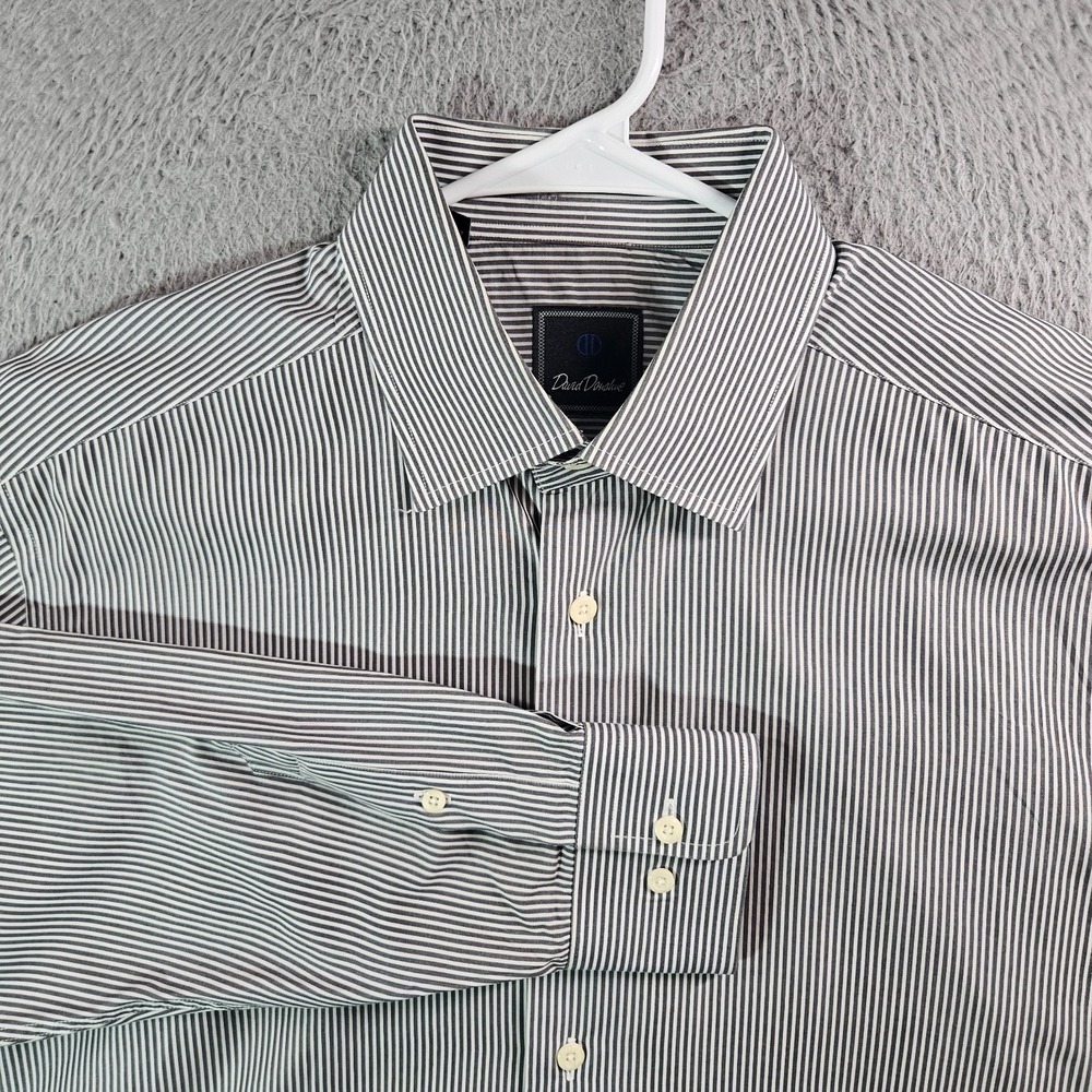 David Donahue Shirt Men 16.5 32 33 Button Up Long‎ Sleeve White Gray Striped